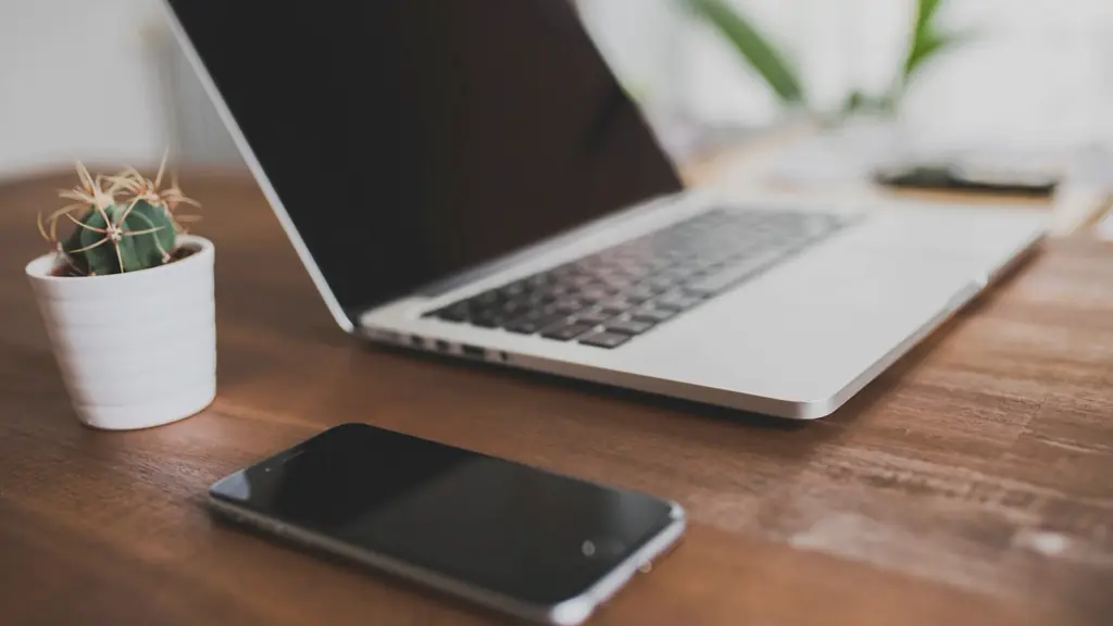 Laptop, phone and plant on a wooden desk