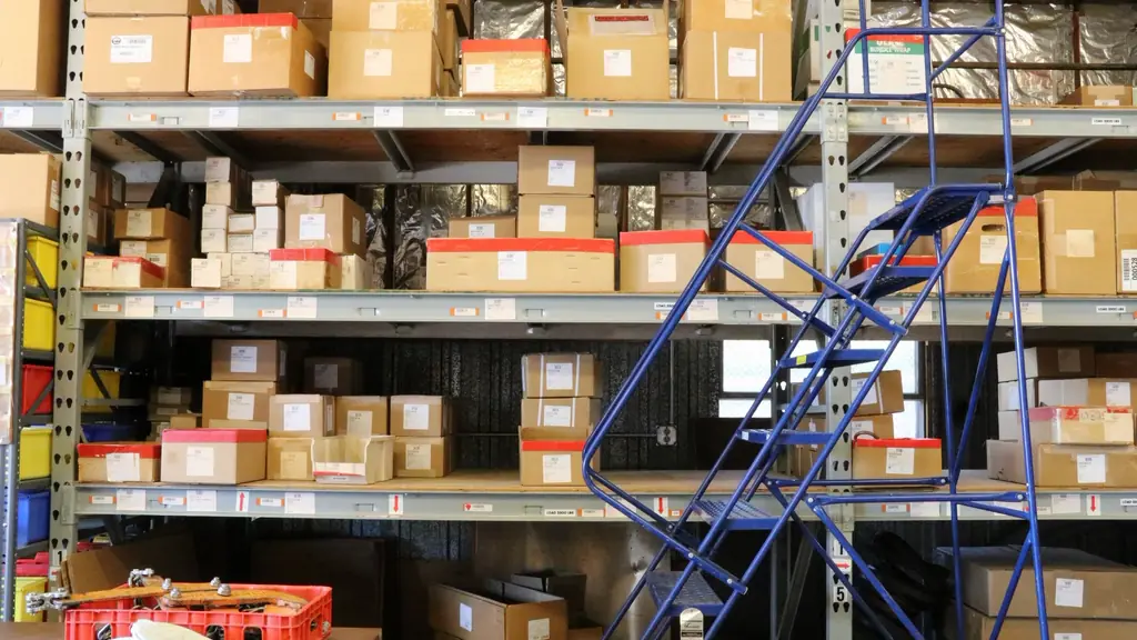 Warehouse shelves stocked with boxes
