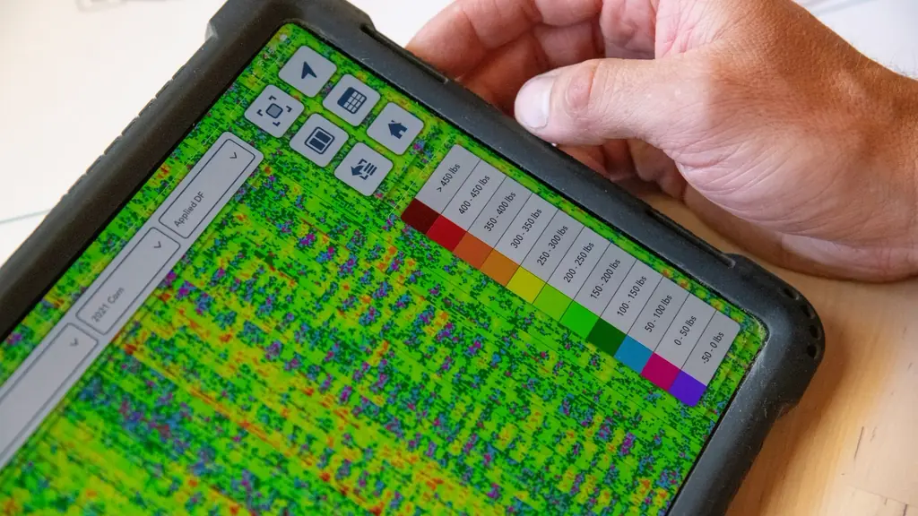 Hands holding a tablet showing data