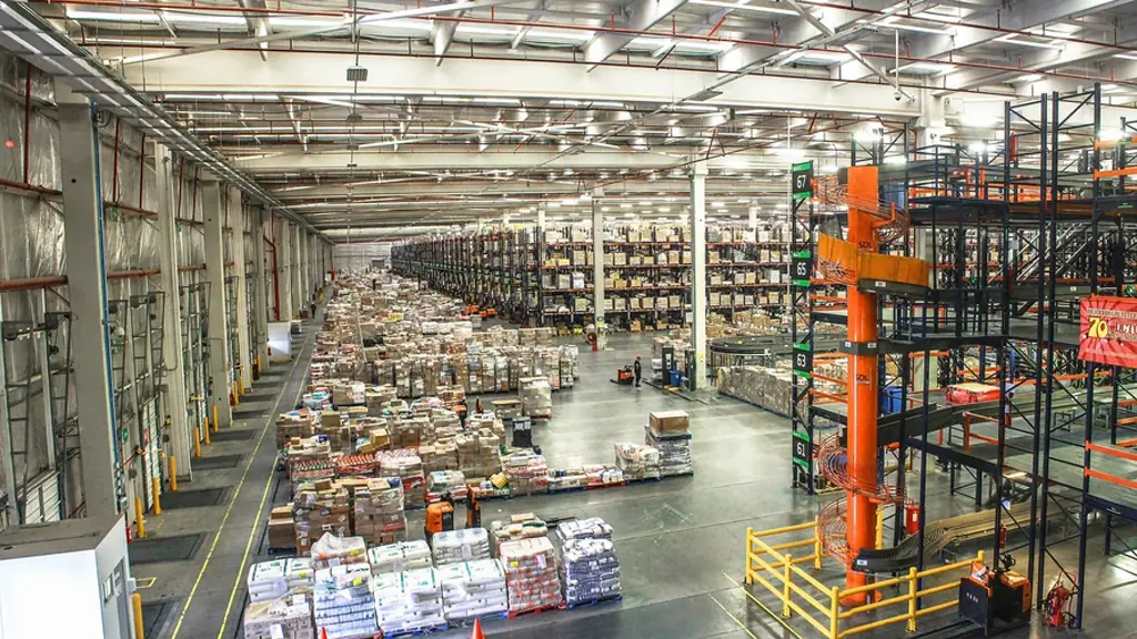 Inside a large distribution warehouse